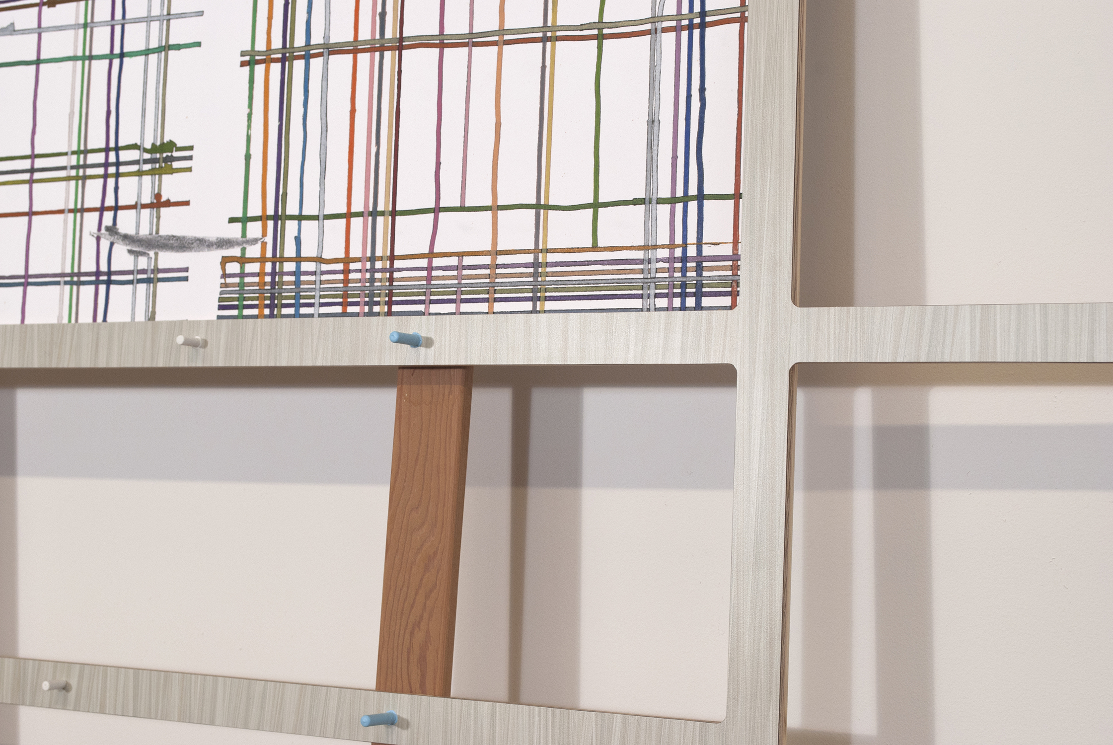 the basement jubilee  Ink, graphite and colored pencil on paper. Formica and wood.  2011 - 92 x 32 x 2