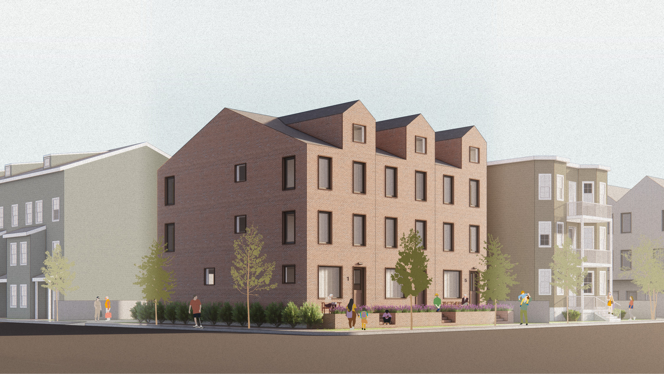Three townhouses on a corner lot with surface parking at the rear