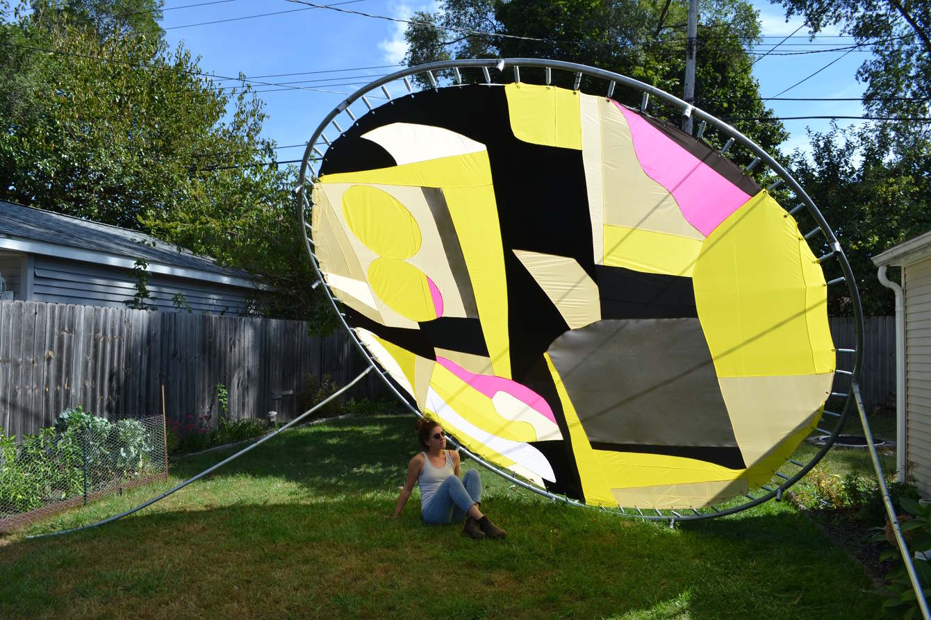 Sun Disc, 2019 trampoline frame, springs, nylon, spandex, gromets 204” x 168” x 180”