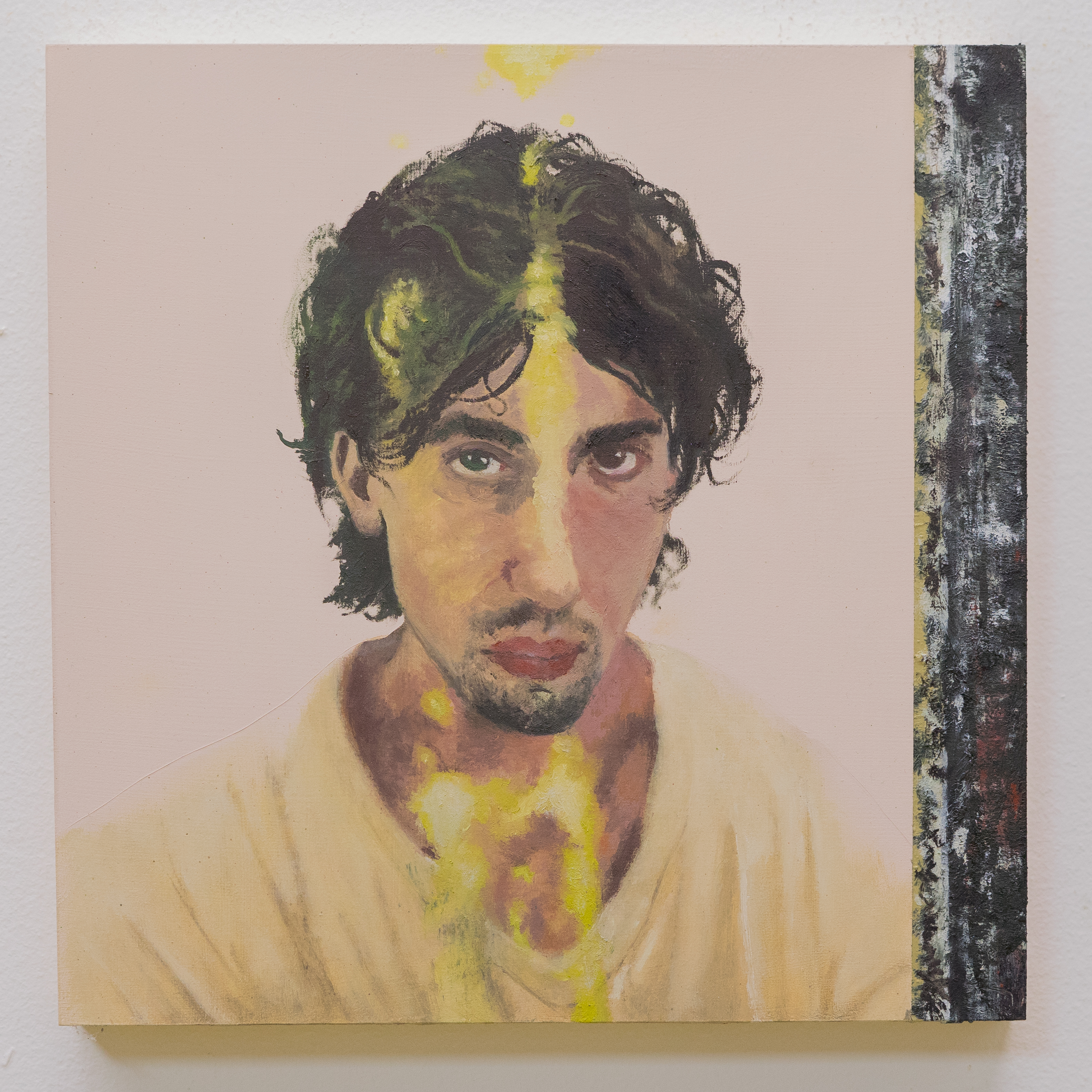 "Self Portrait with Shorter Hair and Filmic Aura", Oil and Flashe on Wood Panel, 8 x 8"