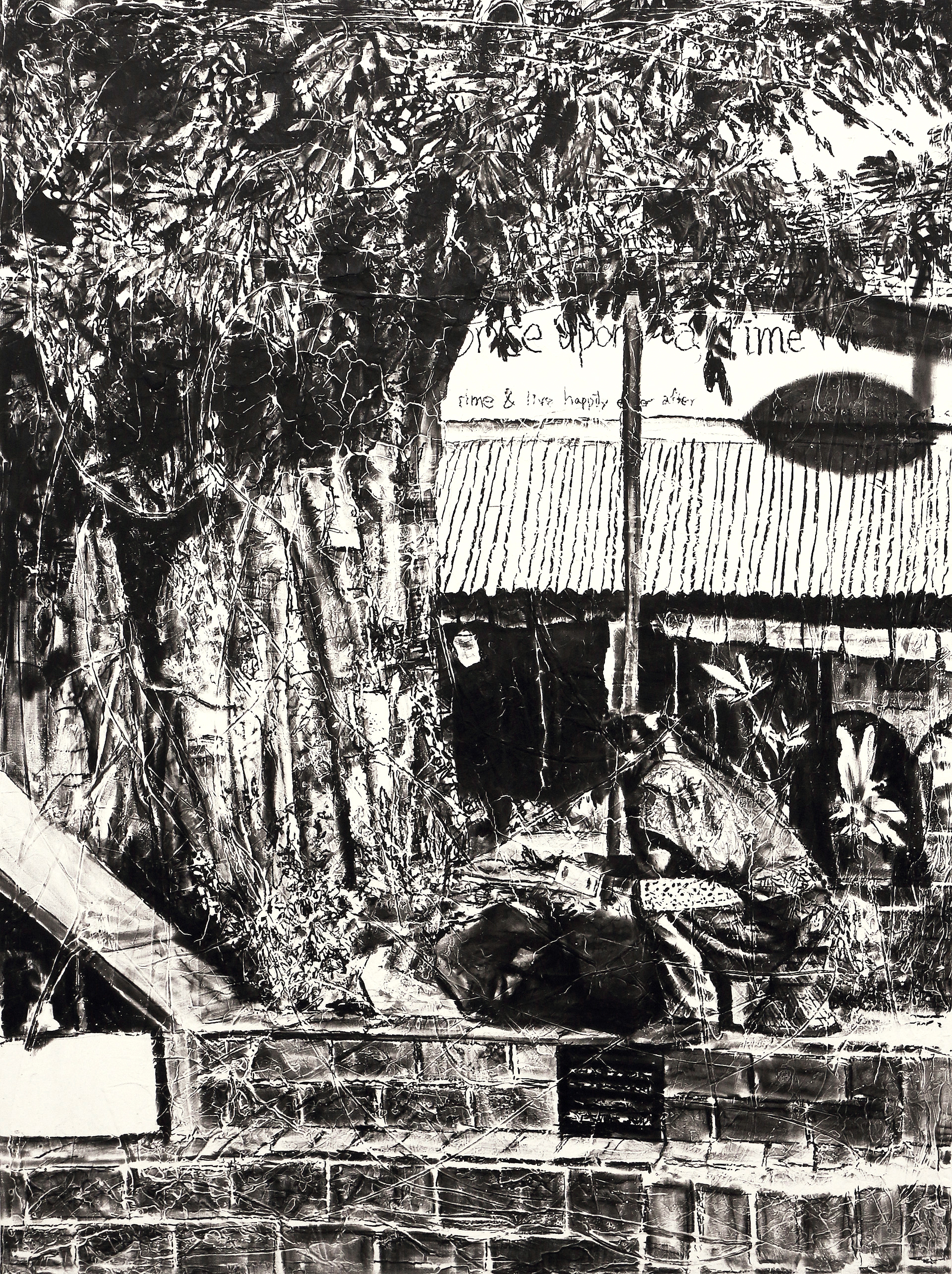 Old tree and woman in Pokhara, 2019, charcoal, industrial paint on abandoned wood panel, 116.7*90.9(cm)