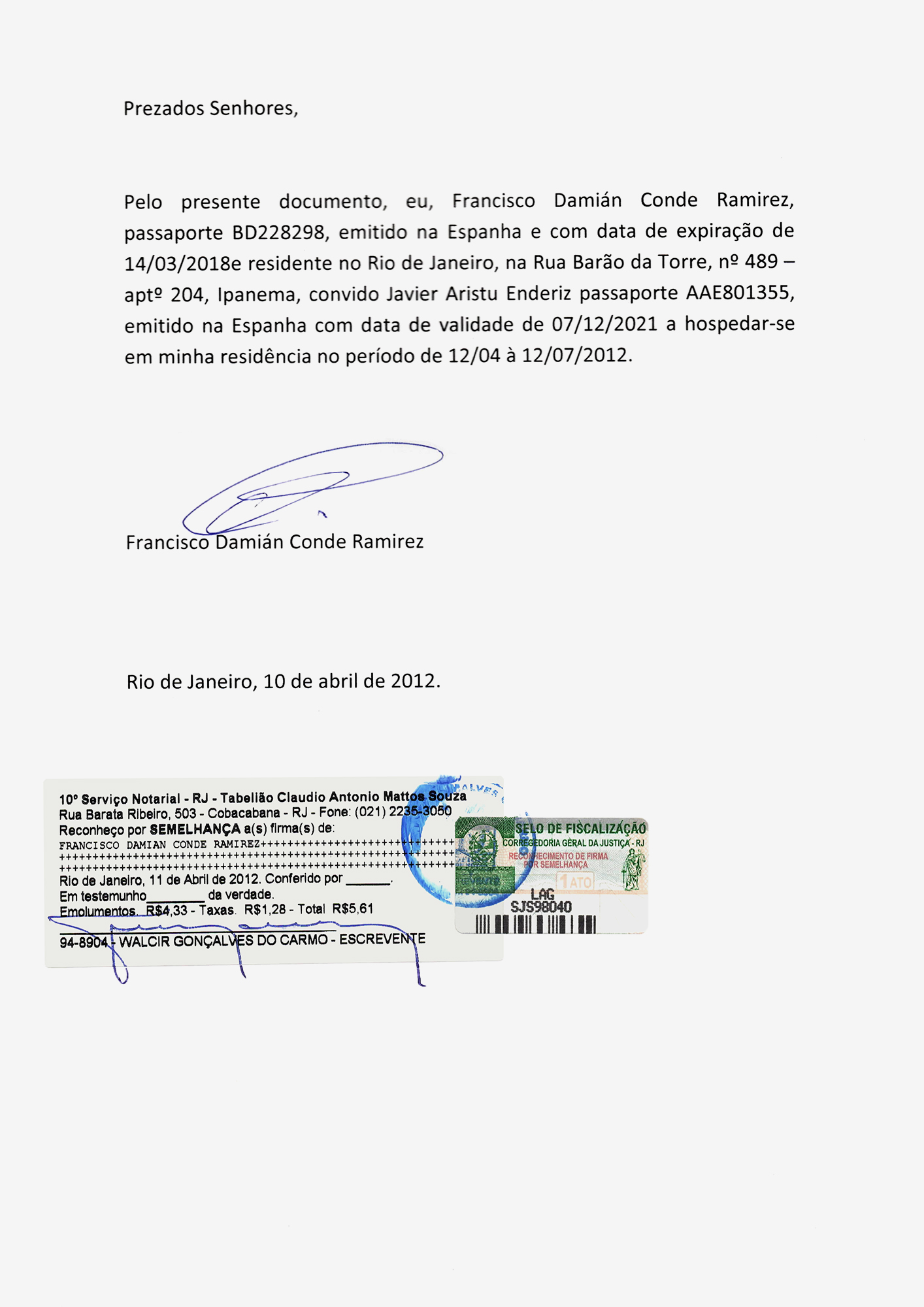 Invitación oficial a tres meses de hospedaje en la ciudad, Rio de Janeiro, 2012