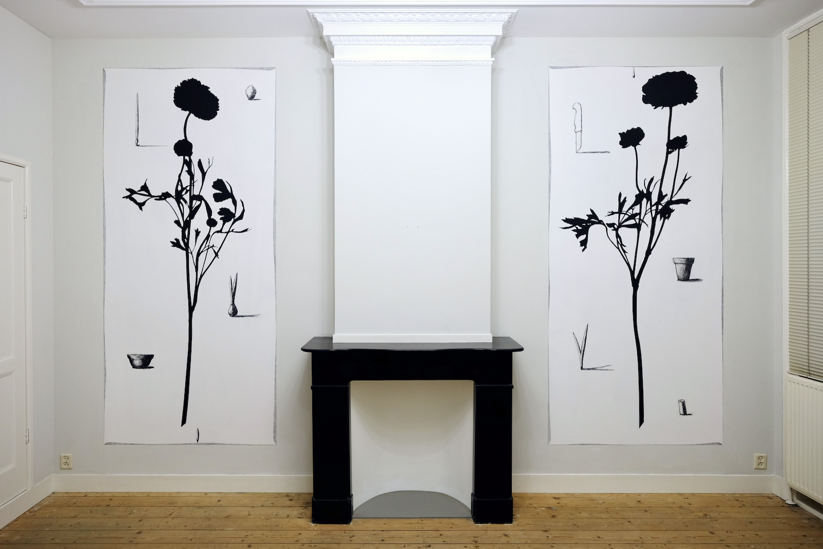 As ensembles go by, no. 9, ‘As soon as the support was gone, the trusted friends were already standby’, 2025, acrylic, charcoal and pencil on wall, each 250 x 115 cm.