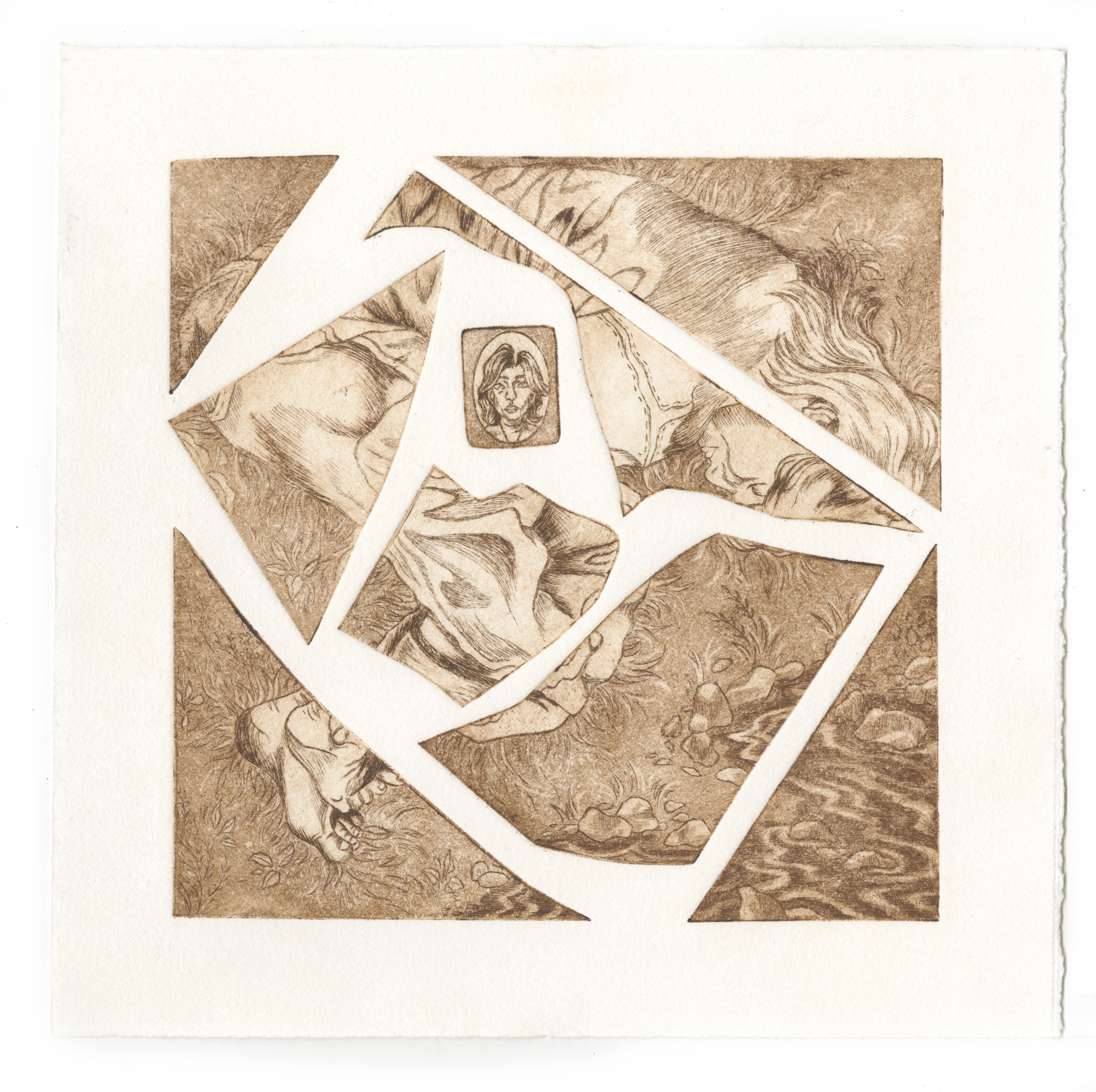 Rest, scrap copper, intaglio on bright white bfk, 2022 8.5” x 8.5”
