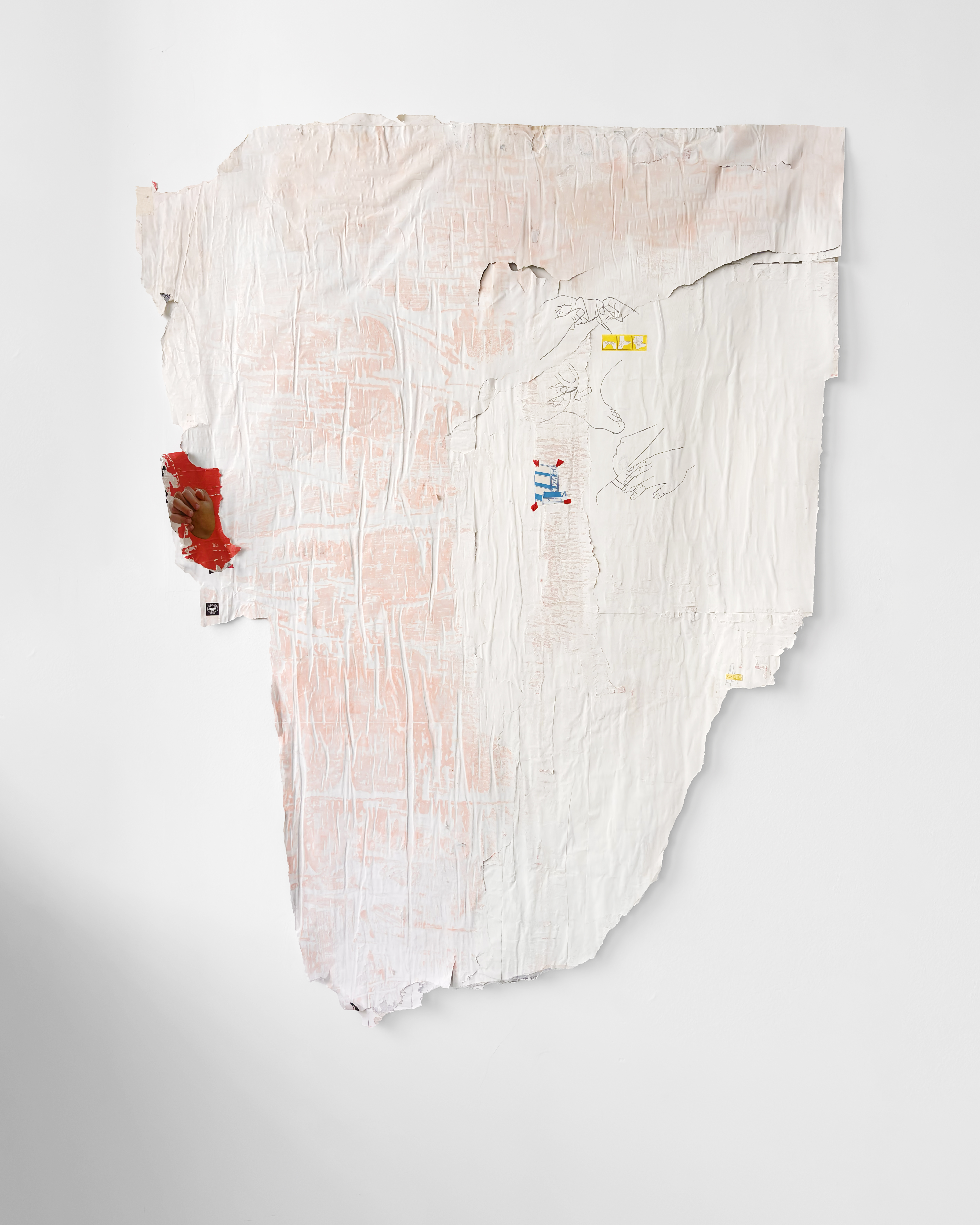SOCIEDAD/SOCIETY, 2025magazine, packaging and paper cut-outs, collected posters, acrylic paint112x85 cm