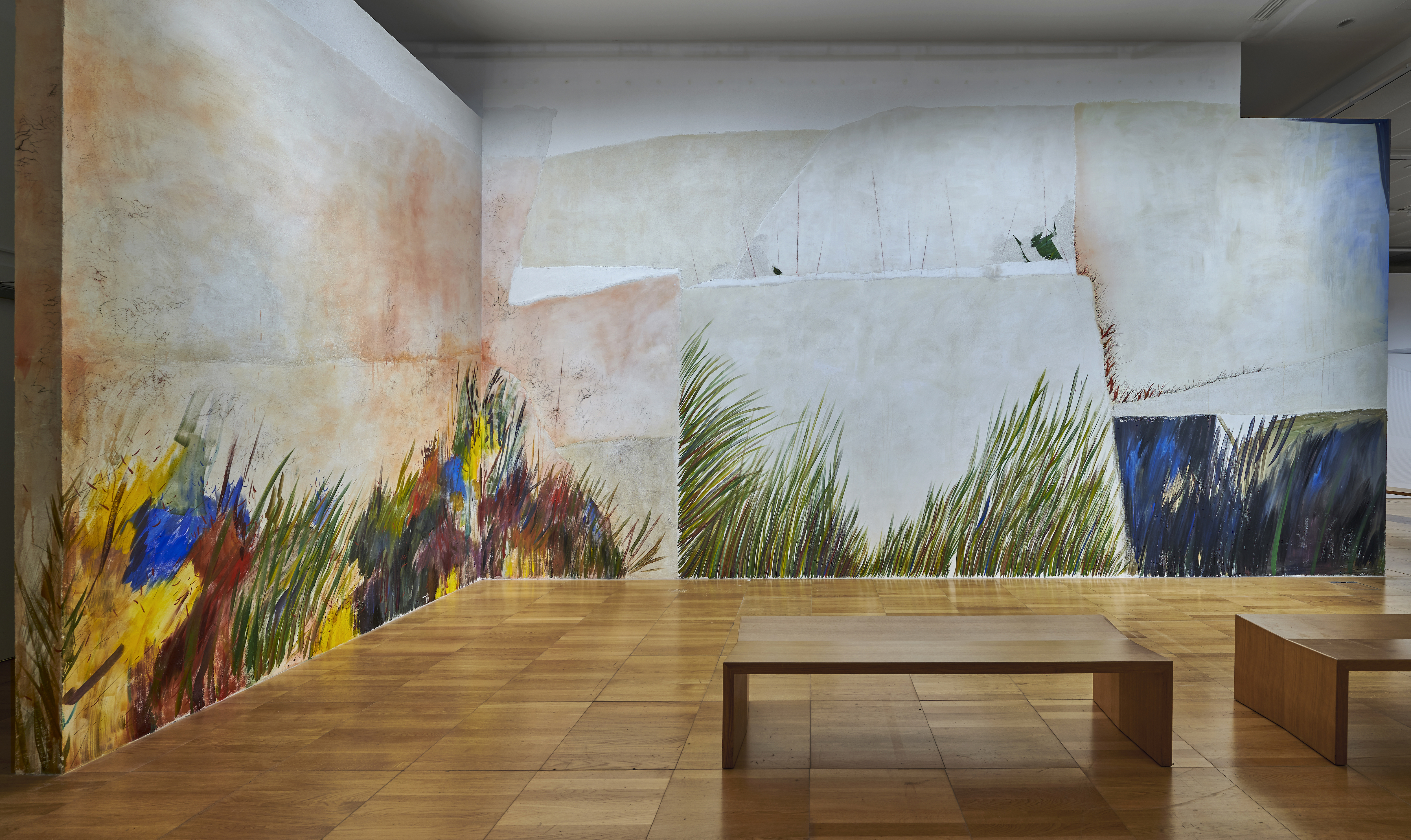 4. Installation view: Haleh Redjaian, The trick is to keep breathing (II), 2024. Thread, nails, walls, floor, dimensions variable. Commissioned by the NYUAD Art Gallery. Photo: John Varghese 5. Installation view: Chafa Ghaddar, Breathing Grounds, 2024. Fresco on wall, dimensions variable. Commissioned by the NYUAD Art Gallery. Photo: John Varghese