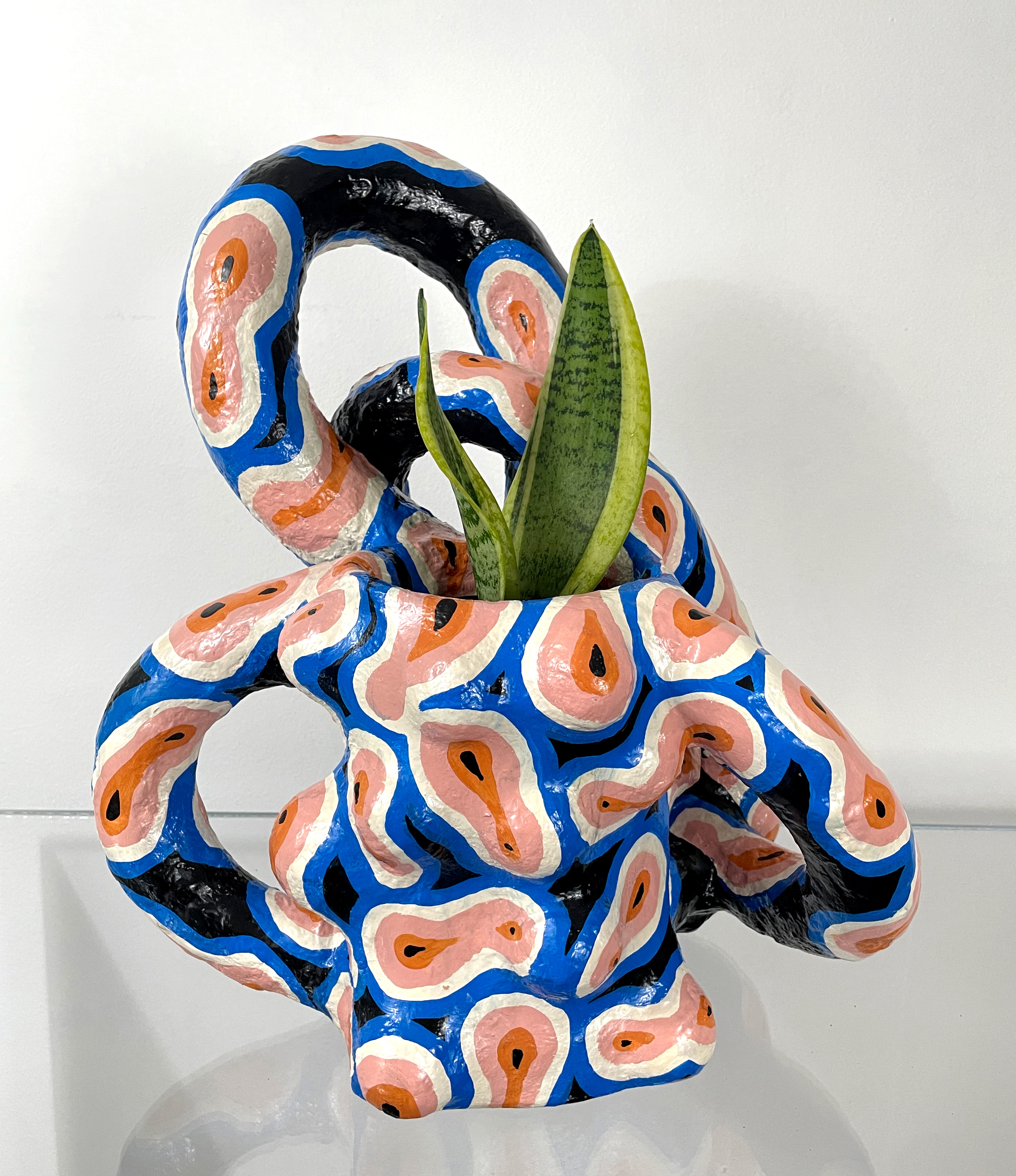 Amoeba, paper clay, acrylic paint, snake plant, 17.5” x 14.5” x 11”, 2023