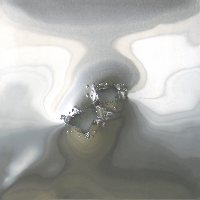 Los Lunas #21, 2005, stainless steel with gunshot, 24x24 in