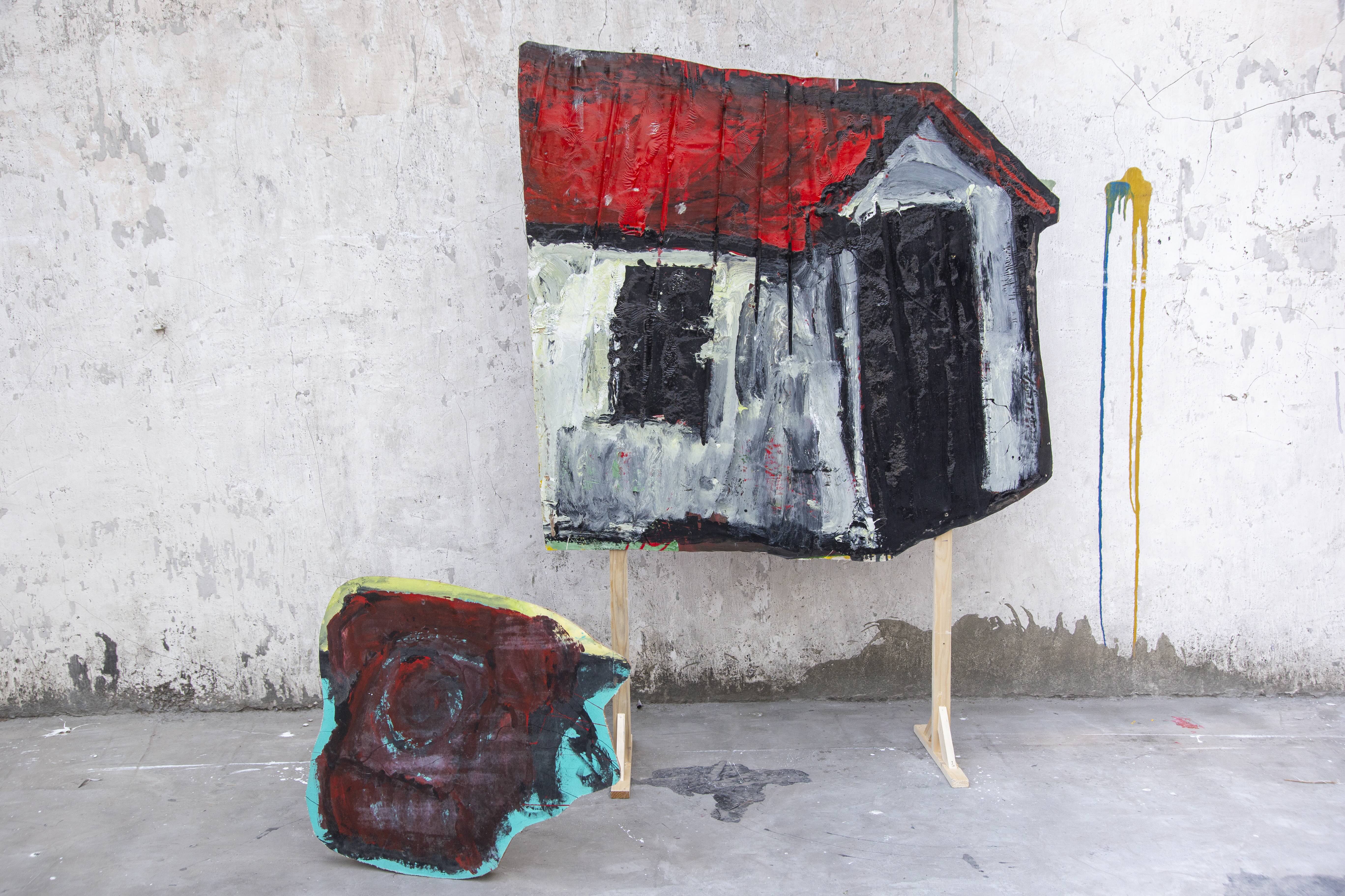 Abu's Telephone and The Shed, 2024, enamel paint on canvas and MDF, dimensions variable