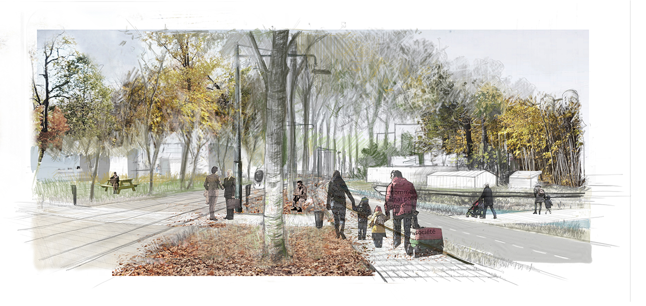 Perspective finale de paysage pour le Projet de Fin d'étude de Iris Chervet - "Caravansérail" Projet de requalification paysagère d'une friche ferroviaire - Master recherche - ENSAPVS - Février 2014 - Sous la direction de Alain Pelissier, Sylvie Salles et Rémi Lacau