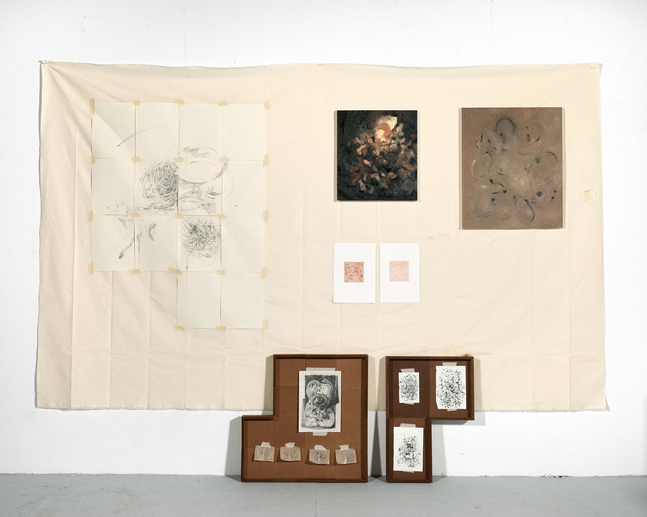 Major Composition 1: Stray Voltage (girldog), Josephine's Song 2&3, Minor Compositions 1&2, 2023. Graphite, colored pencil, pen, and zinc etching on paper and blotting paper, oil and oil pastel on canvas, masking tape, MDF, and calico.