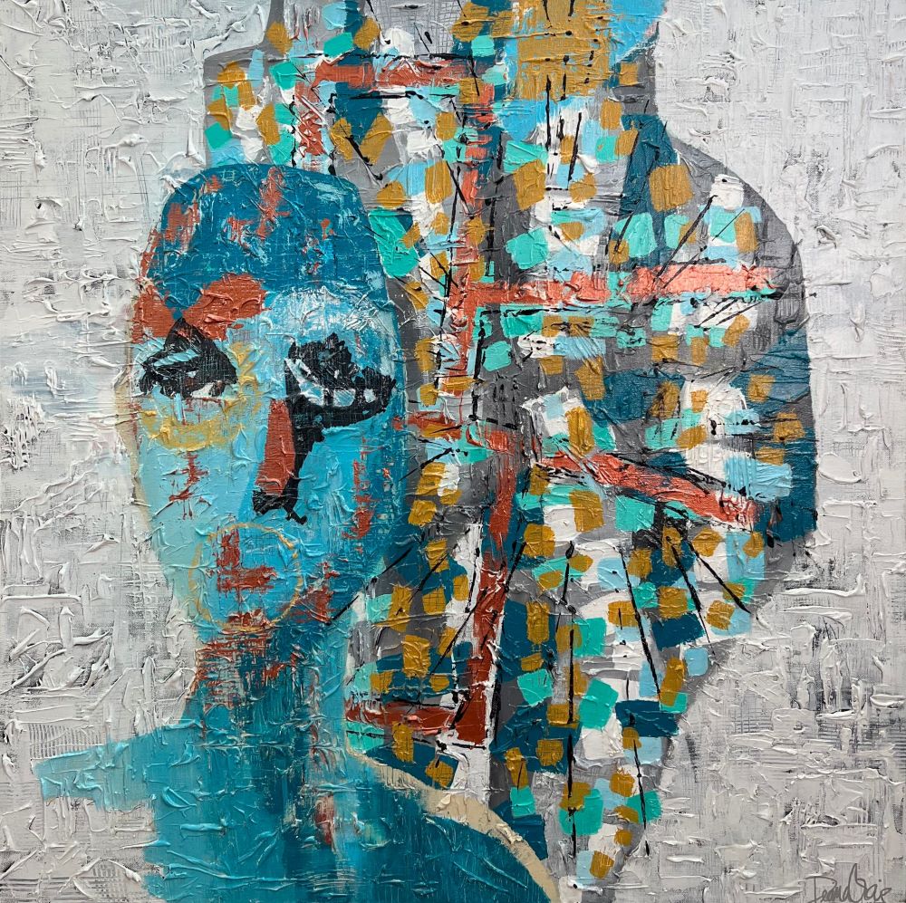 A highly textured and abstracted painting of a figure’s head with a blue complexion in front of a mass of different shapes of color including gold, teal, orange, and gray.