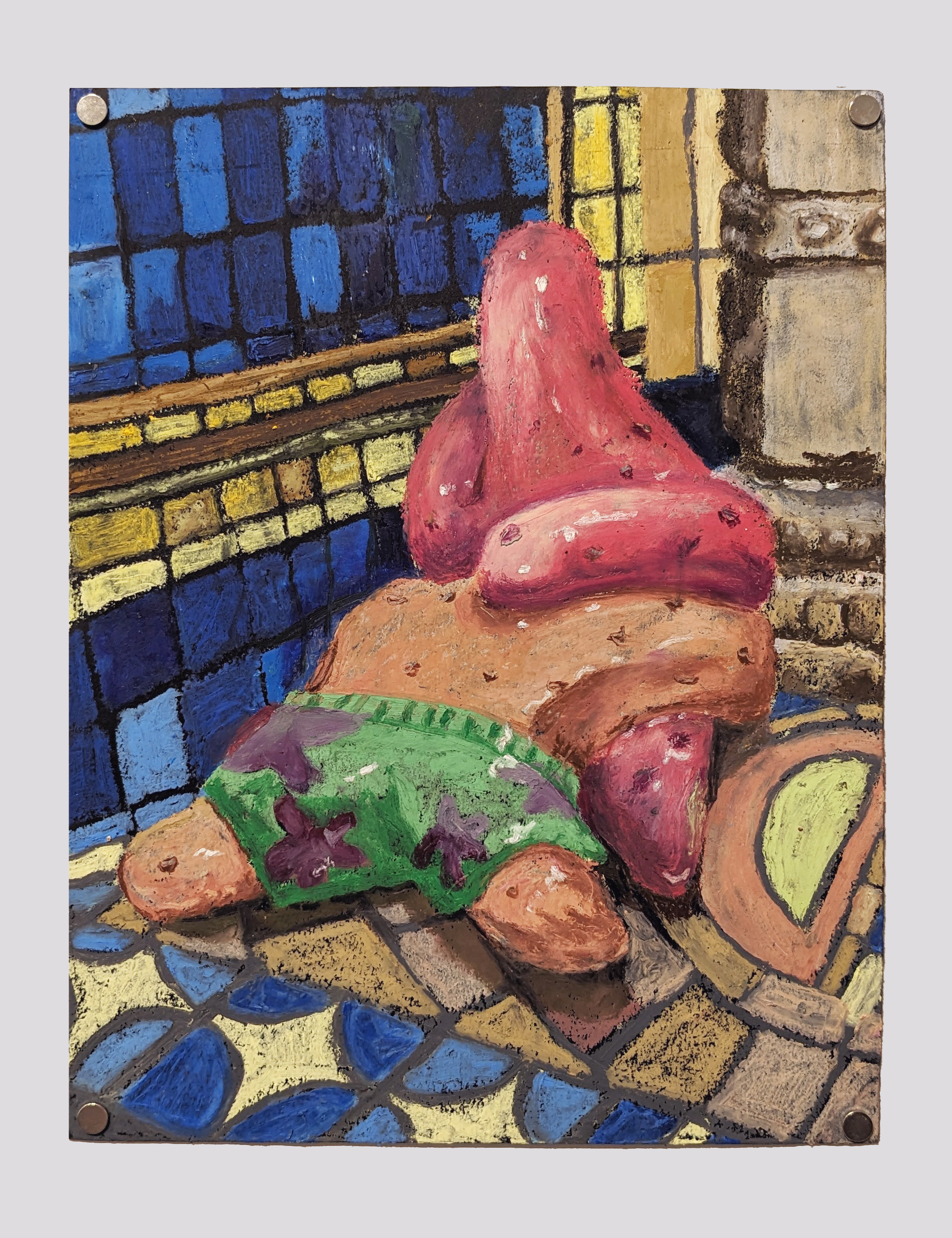 Pants On, 2022. 9” x 12”. Pastel on paper.