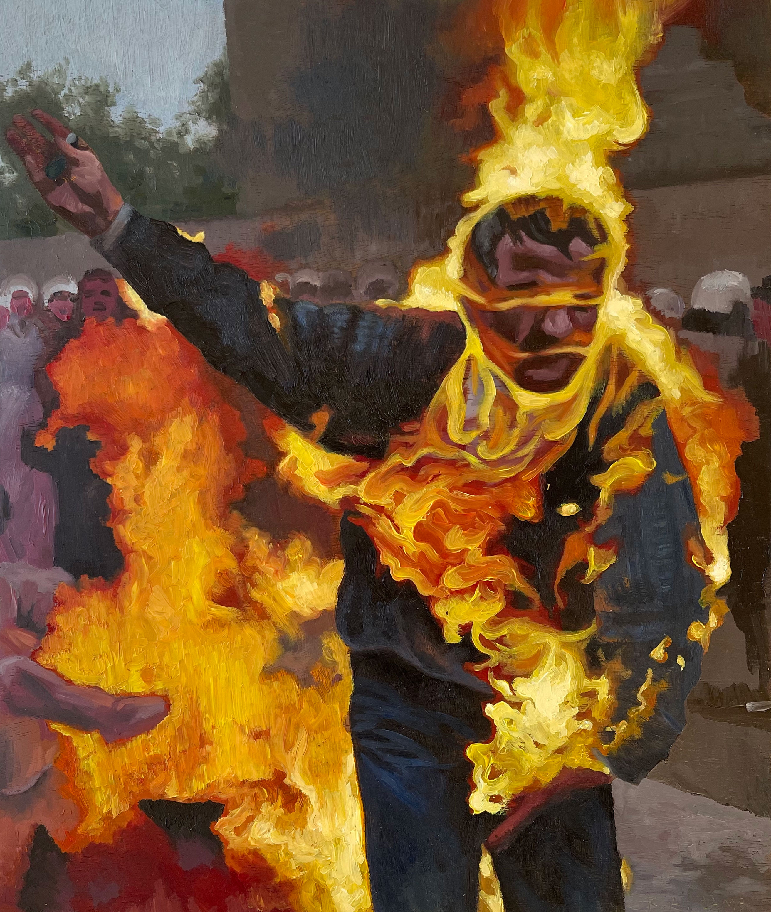 Demonstration, oil on board, 35 x 29 cm