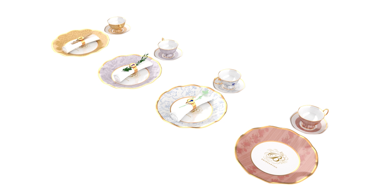 Each set was designed after the aesthetics of each family. The Featherington set featuring a tight knit floral pattern in yellow; the Sharma set featuring bees and indian inspired patterns in purple; the Bridgerton set featuring a damask pattern in blue; and the Danbury set featuring ornate stripes in red.