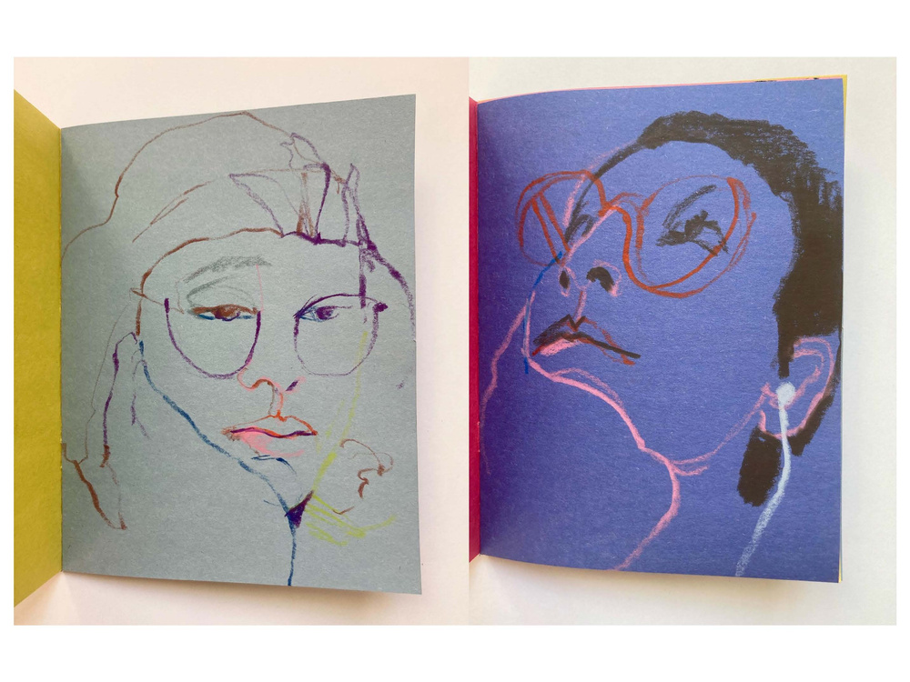 Two portraits of women, both with their heads supported by a hand. They are drawn with coloured pencil on muted coloured sugar paper, folded in to hand made booklets.