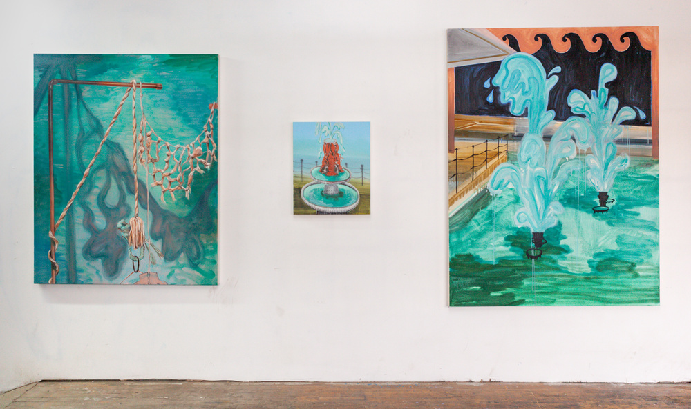 From left to right: (1) Slip through the net, oil on canvas, 48 x 60 inches, 2021. (2) Lobster Fountain, oil on canvas, 20 x 24 inches, 2021. (3) Sensing displacement, oil on canvas, 54 x 72 inches, 2021. 