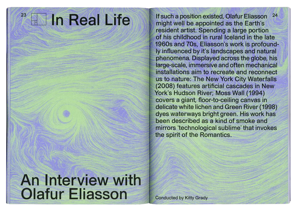 Editorial design, interview with Olafur Eliasson conducted by Kitty Grady - It’s Freezing in LA! #4: Humans & Ecology