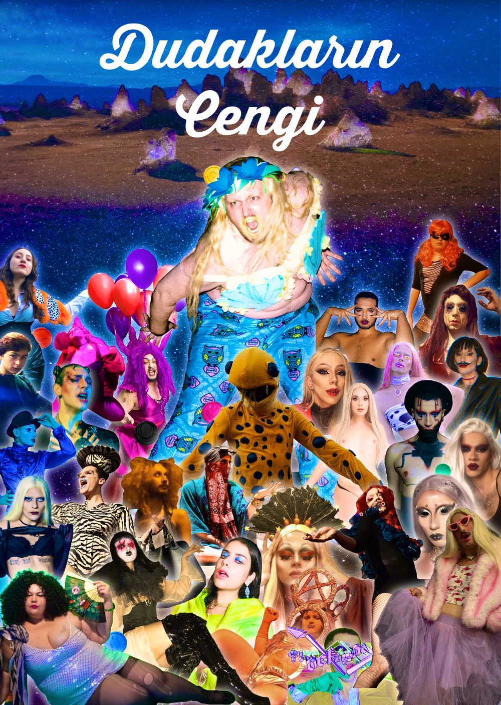 [IMAGE DESCRIPTION]: collage of many drag performers on their stage, with a cosmic background dominated by a glittery star sky.