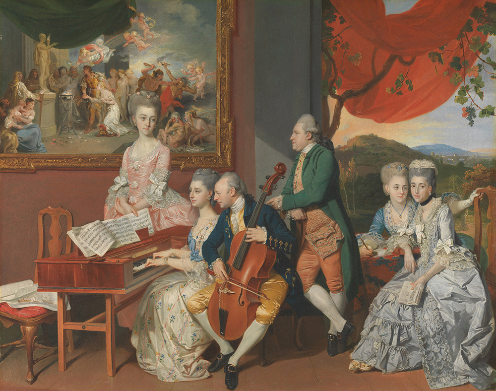 A portrait in oil on canvas of six people who are gathered in a room filled with art. Two play the clavichord and baroque cello.