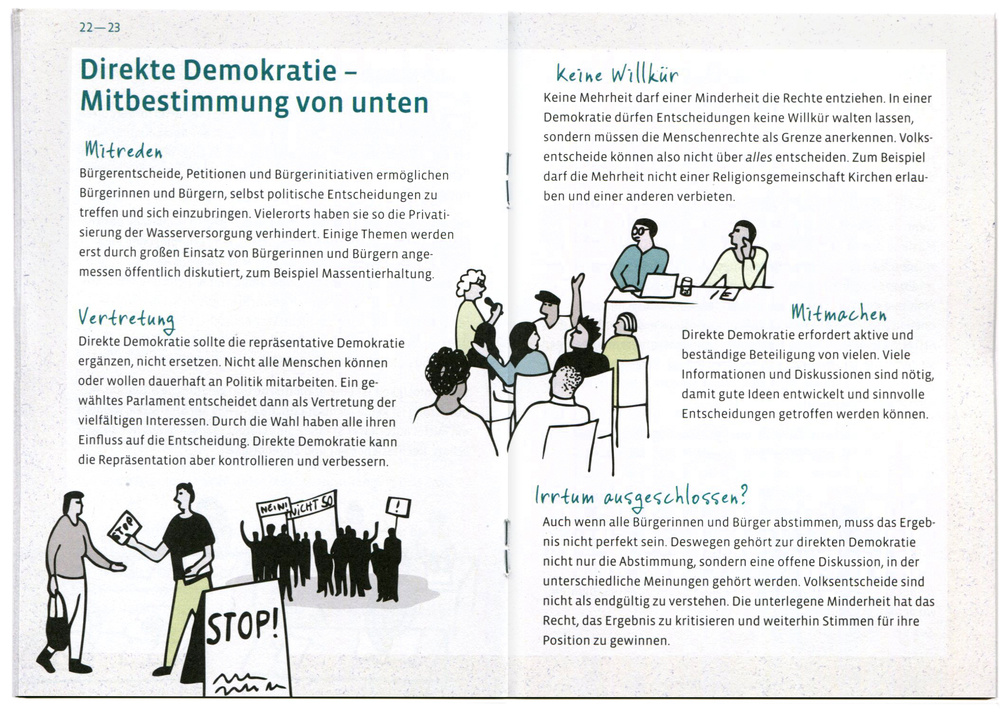 Broschüre mit Illustrationen zum Thema AfD, Rechtspopulismus, politische Bildung