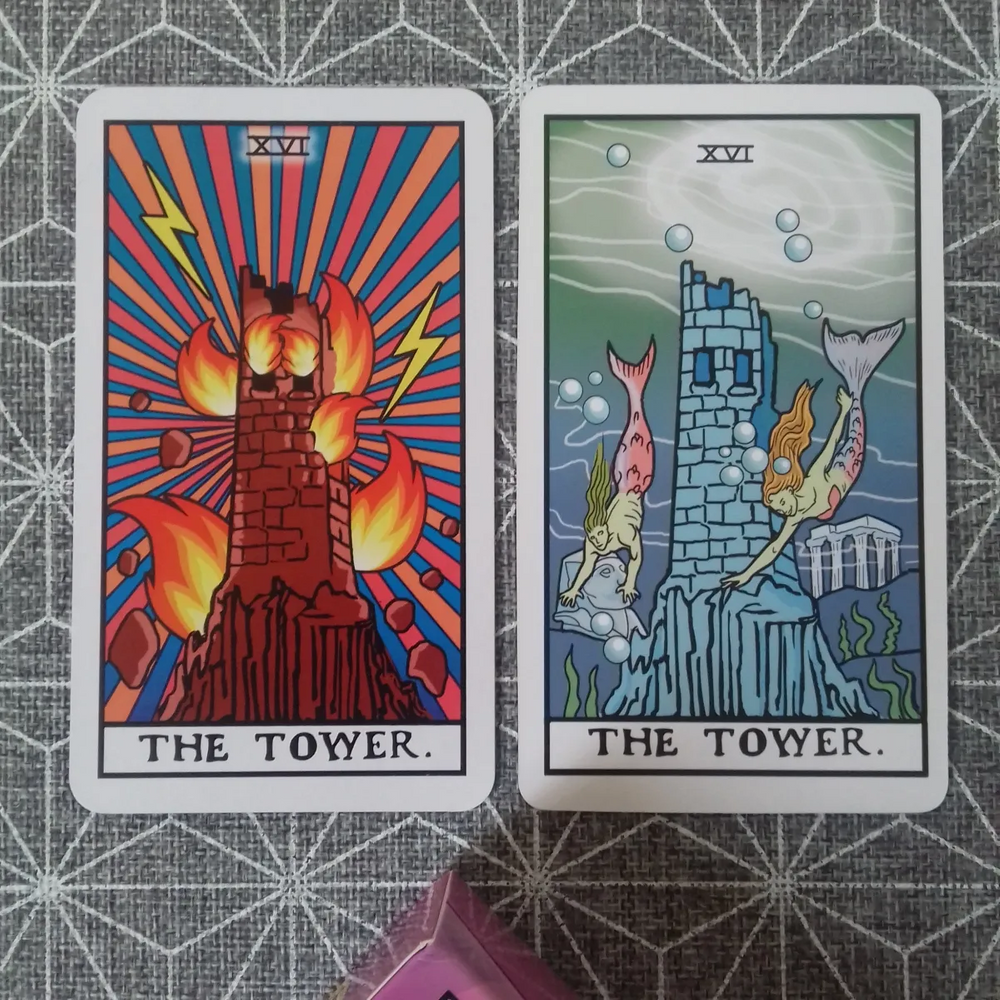 Right: A Tower underwater from the Trippin’ Waite Tarot, stolen from somewhere on the internet
