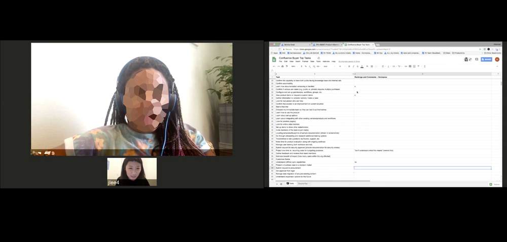 A screenshot of a video call, as someone looks at a spreadsheet