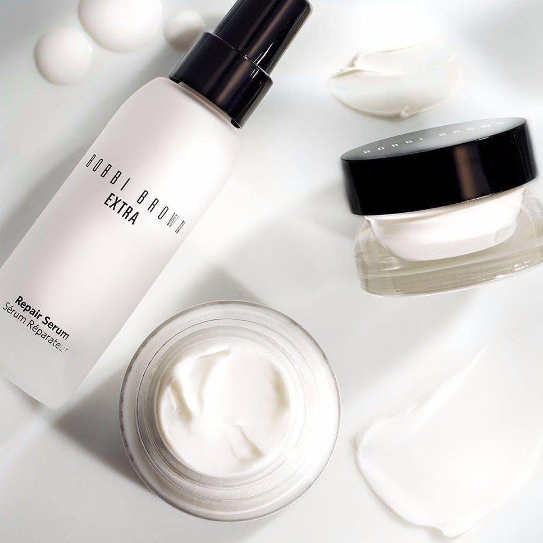 KMA stylist Rachel Haas designs set for photo of white and rich serums against white background for Bobbi Brown 