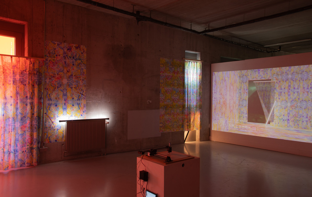 digital print on paper and fabric, 3D animation, watercolor, CNC plotter, light and sound installation