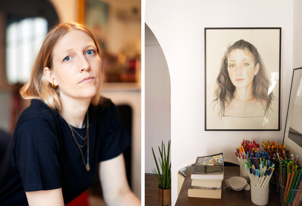 Caroline Andrieu portrait, Paris-based artist and illustrator, next to a drawing of Pascale Ogier