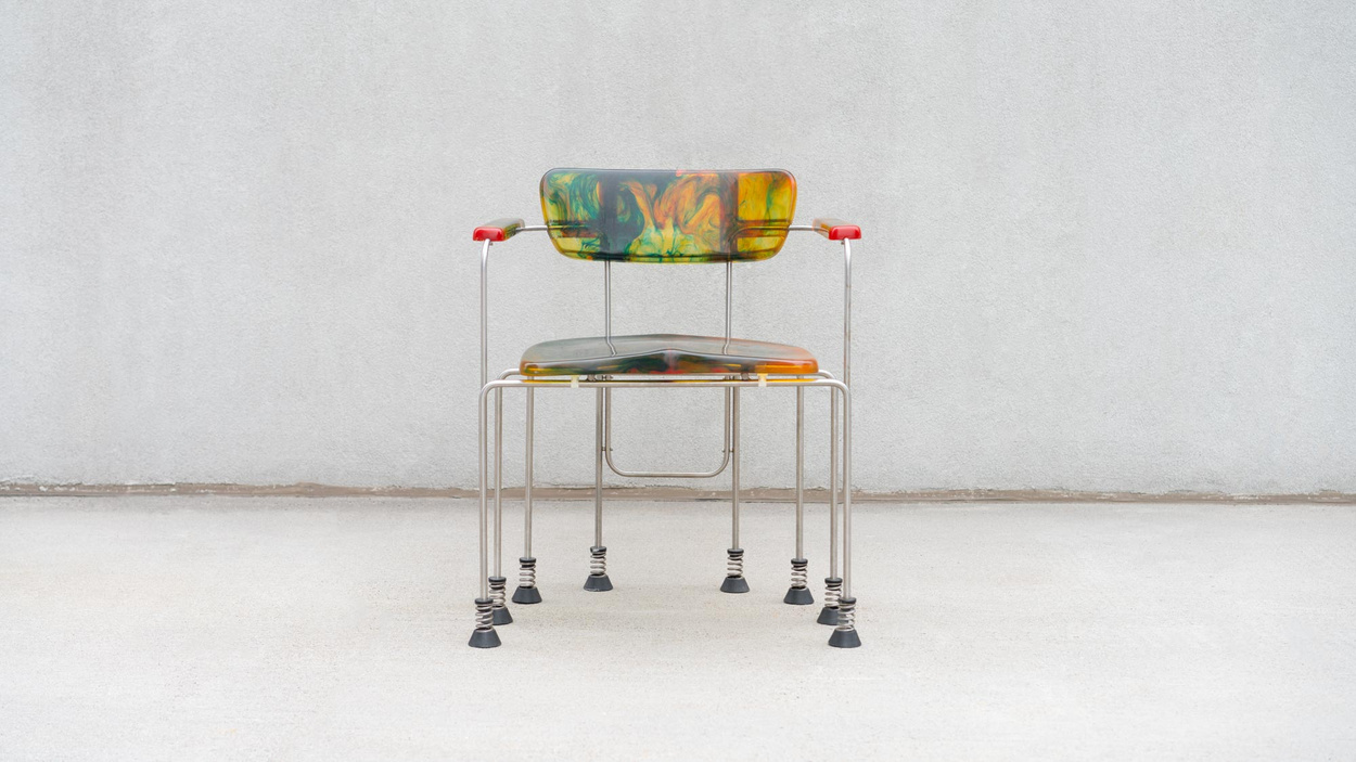 Front view Gaetano Pesce broadway armchair multicolor 8 leg bernini 1990s luxury prop rental nyc 