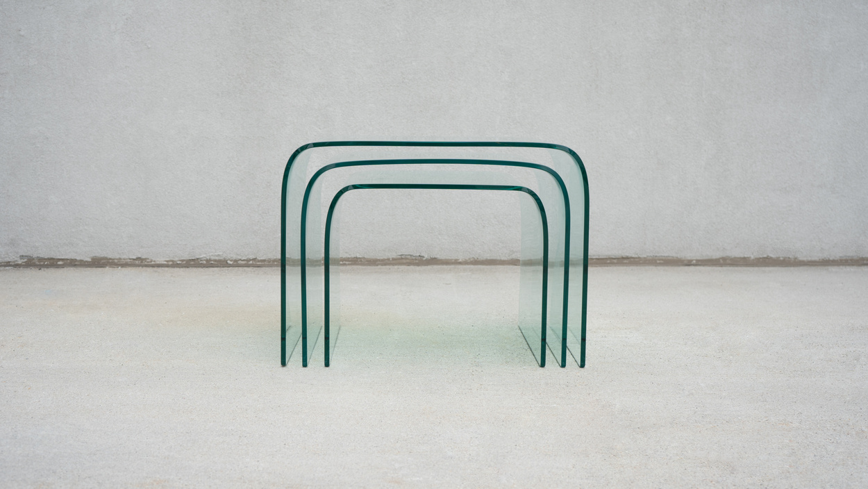 SWEETERFAT FIAM NESTING GLASS WATERFALL TABLES BY ANGELO CORTESI, 80S DESIGN POSTMODERN