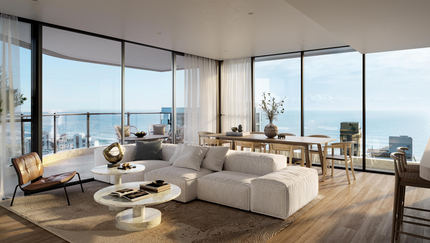 Luxury apartment lounge room, dining, ocean views
