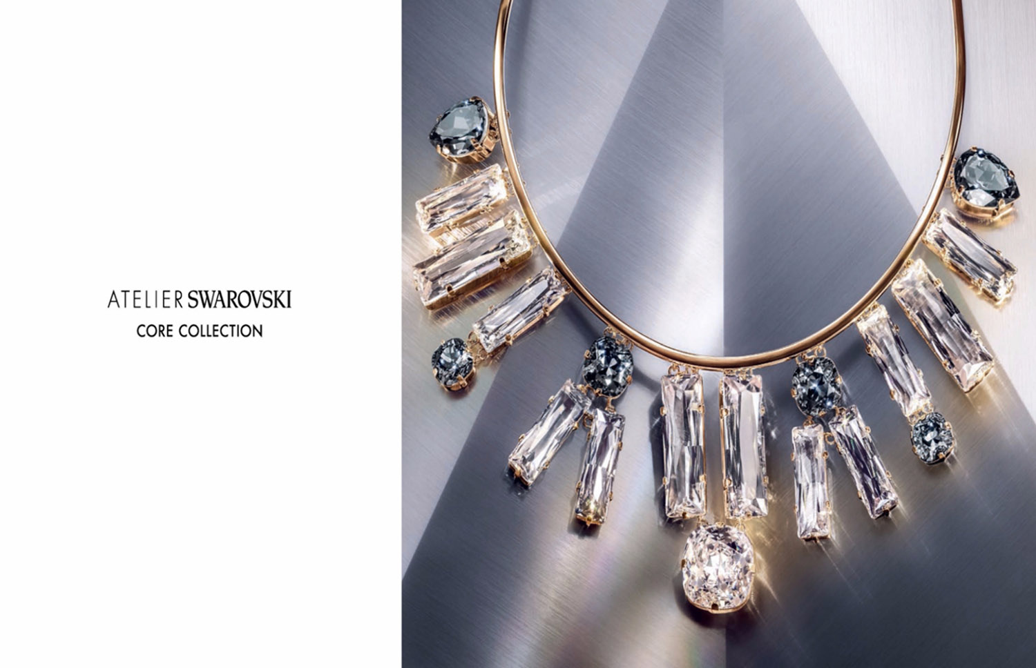 KMA stylist Sara Wacksman designs set for a photo of a diamond necklace with a grey shadowy background for Swarovski 