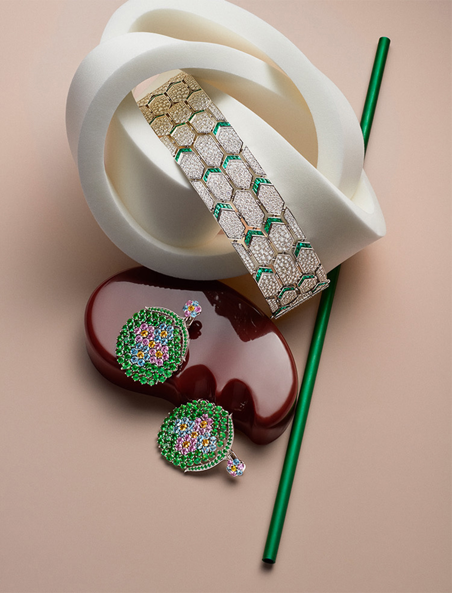KMA stylist Sara Wacksman designs set for photo of diamond bracelet and earrings and green metal rod for Vogue Hong Kong