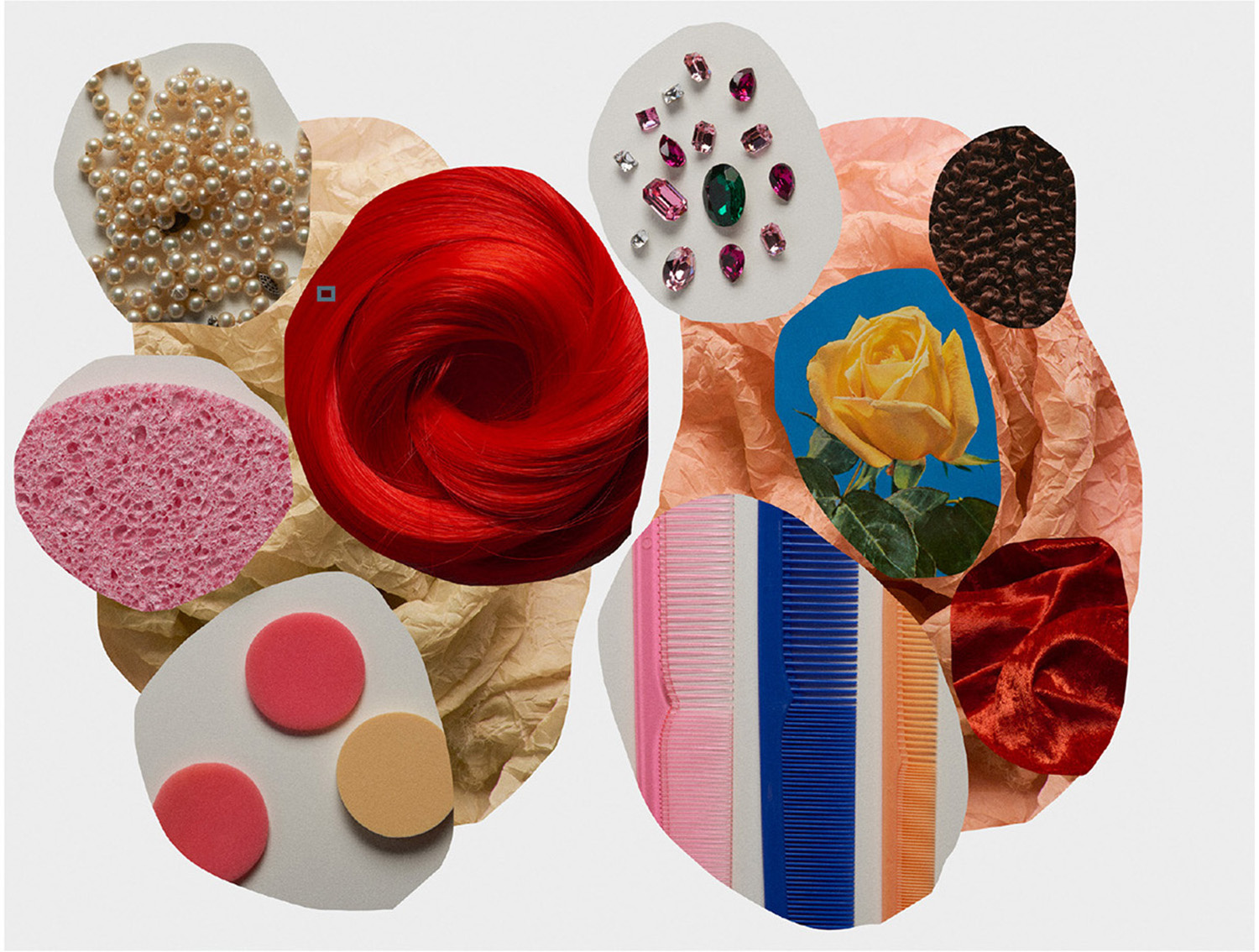 KMA stylist Sara Wacksman designs set for an abstract photo of colorful materials like gems a sponge and a pearl necklace 