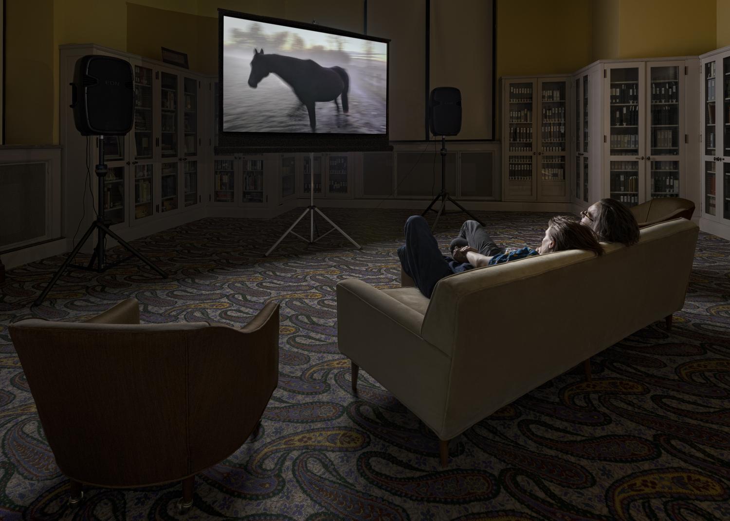 A projector screen in a dimly lit library shows an image of a horse, slightly blurred, as if in motion. Two people sit closely next to one another on a couch, watching the screen.