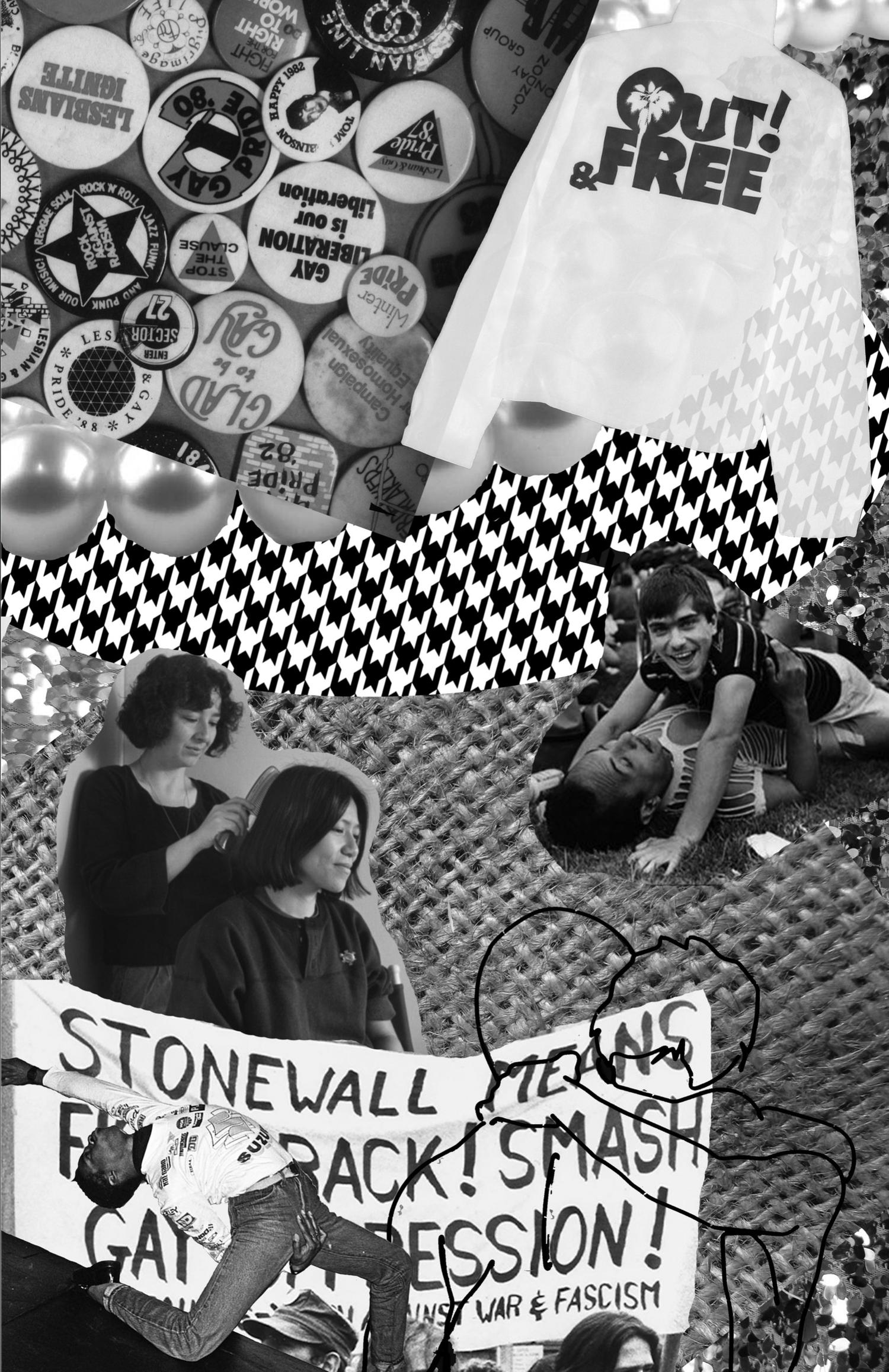 Monochromatic collage of lesbian buttons, a sweatshirt that says "out and free," a women brushing another woman's hair, and two people wrestling in a park. In the foreground someone does a backbend in front of a protest banner that reads "Stonewall means fight back! Smash gay oppression!"