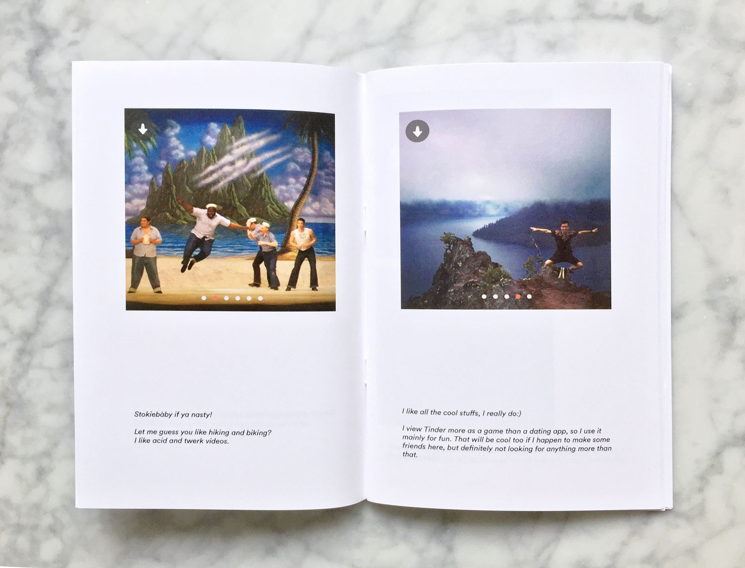 Interior spread featuring two Tinder profiles. On the left, a man jumps on the stage of a theater production; on the right, a man jumps in front of a nature landscape