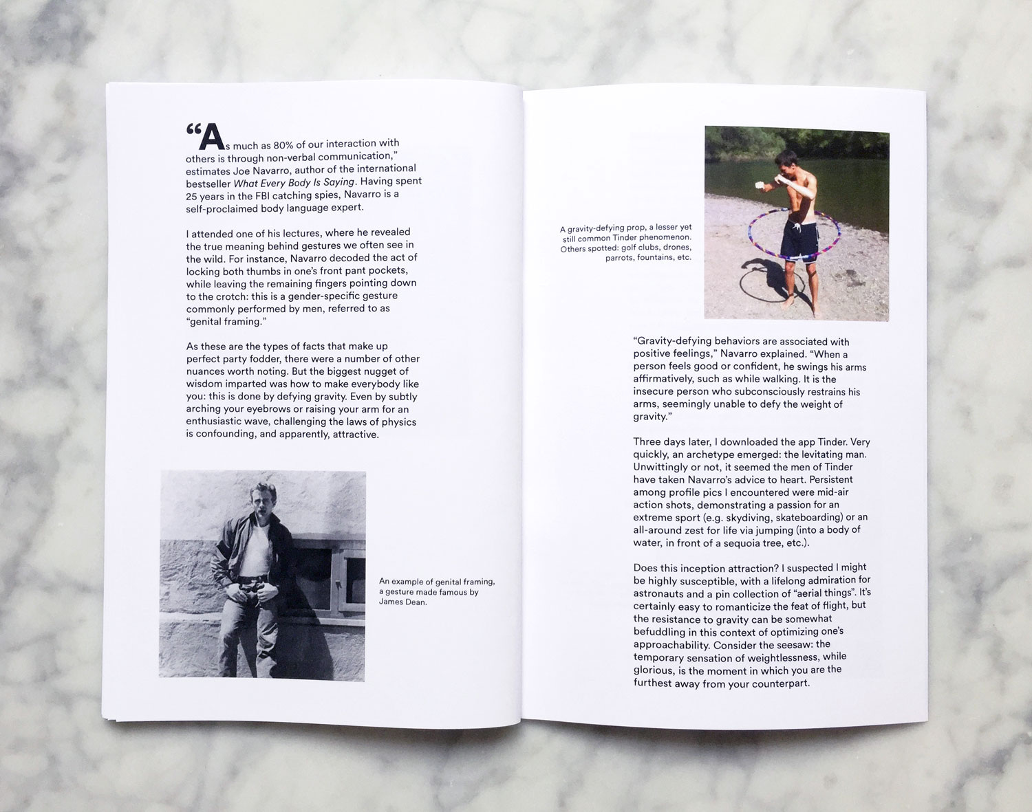 Interior spread featuring an essay and two images: one of James Dean and another of a man hula hooping