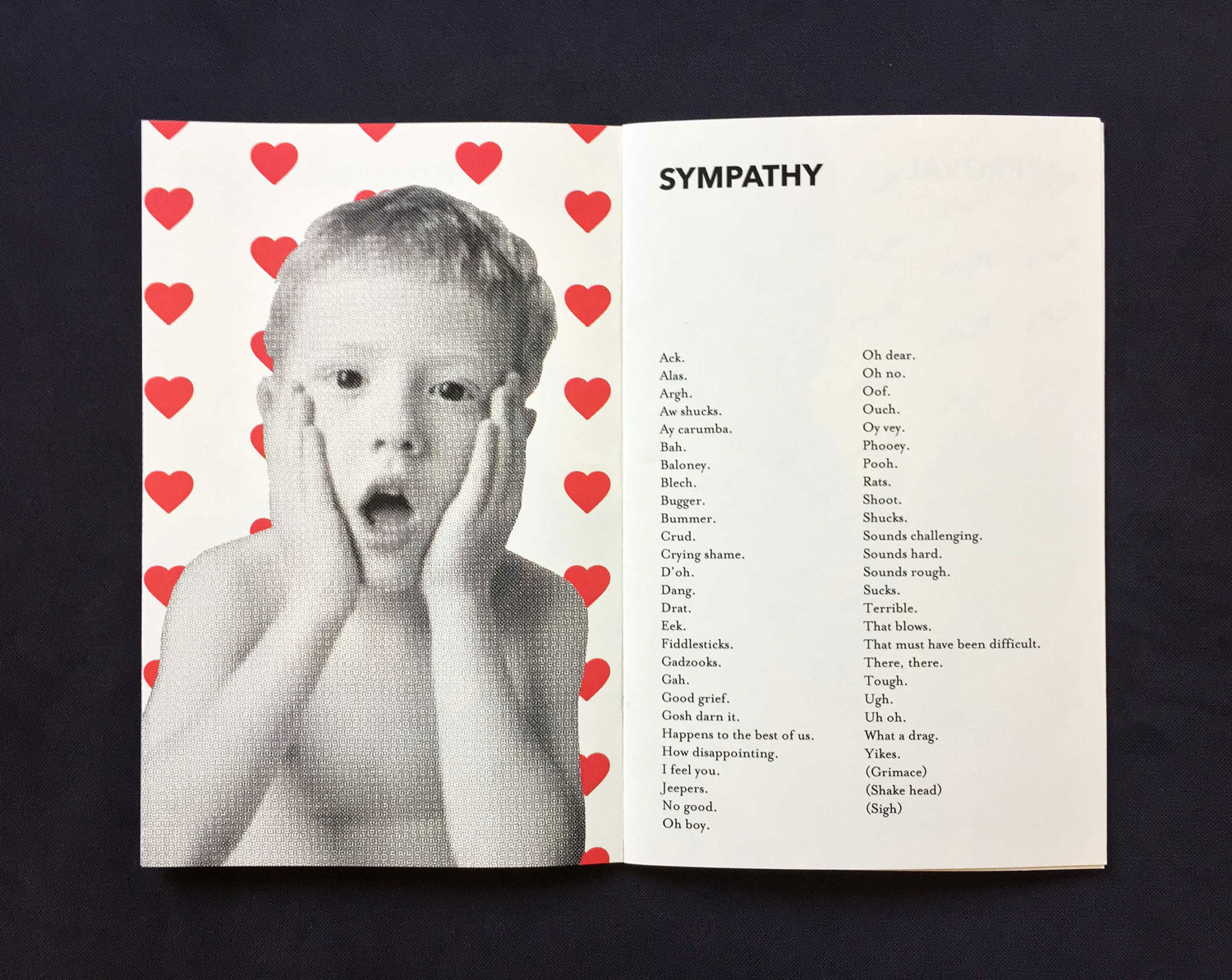 Interior spread of a section titled Sympathy, featuring a young boy with his hands on his cheeks, making a sympathetic face