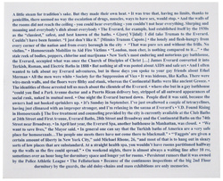 white card with blue print, recto: A little steam for tradition’s sake. But they made their own heat. • It was true that, having no limits, thanks to penicillin, there seemed no way the escalation of drugs, muscles, ways to have sex, would stop. • And the walls of the rooms did not reach the ceiling - you could hear everything - you couldn’t not hear everything. Slurping and moaning and everybody’s dish about everybody • The Everard, for example, had established itself by the 1930s as the “classiest,” safest, and best known of the baths. • G[ore] V[idal]: I did take Truman to the Everard. Couldn’t have been funnier. “I just don’t like it.” [Mimics Truman Capote.] • the lonely and flesh-hungry from every corner of the nation and from every borough in the city  •  “That was pure sex and without the frills. No violins.” • Homosexuals Mobilize to Aid Fire Victims • “London, mon cher, is nothing compared to it…” • the stale reek of bodies, poppers, chlorine and marijuana • New York’s most enduring and notorious gay bathhouse, the Everard, occupied what was once the Church of Disciples of Christ […] James Everard converted it into Turkish, Roman, and Electric Baths in 1888 • But nothing at all was posted about AIDS and safe sex • And I often wanted to talk about my Everard adventures, but in those days you spoke to your gay friends about Ethel Merman • All the men were white • Society for the Suppression of Vice • It was hideous, like Kafka. There were wire-mesh walls, and the floors were filthy and stank, whereas the Continental Baths were like ancient Greece.” • The identities of those arrested tell us much about the clientele of the Everard. • where else but in a gay bathhouse “could you find a Park Avenue doctor and a Puerto Rican delivery boy, stripped of all outward appearances of social rank, naked in mutual need. • One night the Everard burned down.  People died it was said, because the owners had not hooked sprinklers up. • It’s Sunday in September. I’ve just swallowed a couple of tetracyclines, having just climaxed with an improper stranger, and I’m relaxing in the sauna at Everard’s • V.D. Found Rising in Homosexuals: The free treatment and counseling provided by the city is currently available at the Club Baths at 24th Street and First Avenue, Everard Baths, 28th Street and Broadway and the Continental Baths on the 74th Street near Broadway. • In April last year, the Everard Spa, another bathhouse in Manhattan, was closed.  •  “We want to save lives,” the Mayor said. • In general one can say that the Turkish baths of America are a very safe place for homosexuals…The people one meets there have not come there to blackmail.” • ”’Faggots’ are given a certain amount of liberty in New York City,” said Michael Rhone, 26, “and most of that is to hang out in sleazy sorts of low places that are substandard. At a straight health spa, you wouldn’t have rooms partitioned halfway up the walls so the fire could spread.” • On weekend nights, there is almost always a waiting line after 10 PM, sometimes over an hour long for dormitory space and longer yet for rooms. • Persistent rumors that it was owned by the Police Athletic League • The Fellatorium • Because of the continuous inspections of the big 2nd Floor dormitory by the guards, the old daisy-chains and mass exhibitions are only memories. 