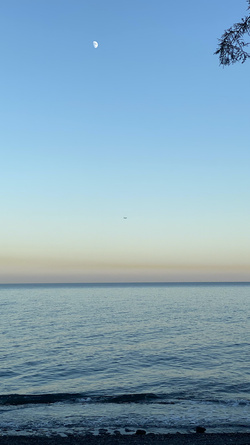 We stopped by Kamari beach towards the end of our island tour around Santorini. It was nearing sunset, and it was desolate and peaceful during Santorini's low season. The moon, the mid-air plane, the water, the sky, the tree, all of these things were in a single perfect frame.