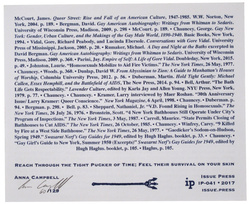 white card with blue print, verso, signed and editioned: McCourt, James. Queer Street: Rise and Fall of an American Culture, 1947-1985. W.W. Norton, New York, 2004. p. 189. • Bergman, David. Gay American Autobiography: Writings from Whitman to Sedaris. University of Wisconsin Press, Madison, 2009. p. 298 • McCourt p. 189. • Chauncey, George. Gay New York: Gender, Urban Culture, and the Makings of the Gay Male World, 1890-1940. Basic Books, New York, 1994. • Vidal, Gore, Richard Peabody, and Lucinda Ebersole. Conversations with Gore Vidal. University Press of Mississippi, Jackson, 2005. p. 20. • Rumaker, Michael.  A Day and Night at the Baths (1979) excerpted in David Bergman. Gay American Autobiography: Writings from Whitman to Sedaris. University of Wisconsin Press, Madison, 2009. p. 360. • Quote by Howard? Parini, Jay. Empire of Self: A Life of Gore Vidal. Doubleday, New York, 2015. p. 49. • Johnston, Laurie. “Homosexuals Mobilize to Aid Fire Victims.” The New York Times, 26 May, 1977. • Chauncey. • Woods. p. 360. • Dunlap, David W.. From Abyssinian to Zion : A Guide to Manhattan's Houses of Worship, Columbia University Press, 2012. p. 56. • Duberman, Martin. Hold Tight Gently : Michael Callen, Essex Hemphill, and the Battlefield of AIDS, The New Press, 2014. p. 94. • Bell, Arthur. “The Bath Life Gets Respectability” Lavender Culture, edited by Karla Jay and Allen Young. NYU Press, New York, 1979. p. 77. • Chauncey. • Chauncey. • Kramer, Larry interviewed by Maer Roshan. “30th Anniversary Issue/ Larry Kramer: Queer Conscience.”  New York Magazine, 6 April, 1998. • Chauncey. • Duberman. p. 94. • Bergman. p. 298. •  Bell. p. 83. • Sheppard, Nathaniel, Jr. “V.D. Found Rising in Homosexuals.” The New York Times, 26 July 26, 1976. • Bronstein, Scott. “4 New York Bathhouses Still Operate Under City’s Program of Inspections.” The New York Times, 3 May, 1987. • Carroll, Maurice. “State Permits Closing of Bathhouses to Cut AIDS.” The New York Times, 26 October, 1985. • Chauncey. • Winfrey, Carey. “9 Killed by Fire at a West Side Bathhouse.” The New York Times, 26 May, 1977. •  “Gaedicker’s Sodom-on-Hudson, Spring 1949.” Swasarnt Neuf’s Gay Guides for 1949, edited by Hugh Haglus. booklet, p. 33. •  Chauncey. • “Gay Girl’s Guide to New York, Summer 1950 (Excerpts)” Swasarnt Neuf’s Gay Guides for 1949, edited by Hugh Haglus. booklet, p. 105. • Haglus, p. 105.