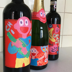 Wine Labels (2021), Spraycan and Acrylics on Wine and Champagne Bottles