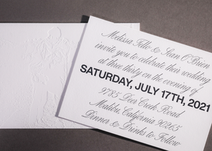 Melissa & Sean wedding invitationLetterpress black ink on front and blind impression on back side of photo.Paper Savoy in natural white