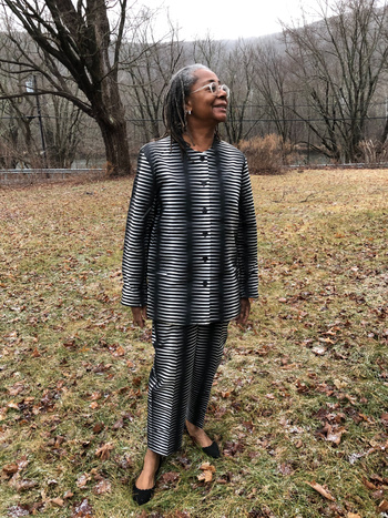 Cynthia Stubbs-Hill in optic print pantsuit, WilliWear Summer 1986 Collection 