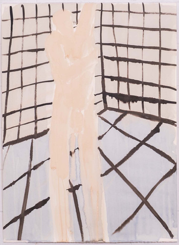 Man in the changing room II, 2021, acrylic and Indian inks on watercolour paper, 56 x 76 cm