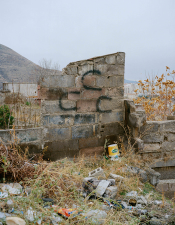 Tag of the MHP, racist and ultra nationalist party, on the ruins of an armenian home in Talas, Kayseri district, Anatolia.