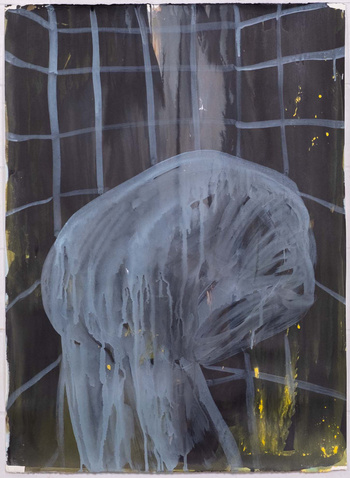Man in the changing room III, 2021, acrylic paint and Indian ink on watercolour paper, 56 x 76 cm